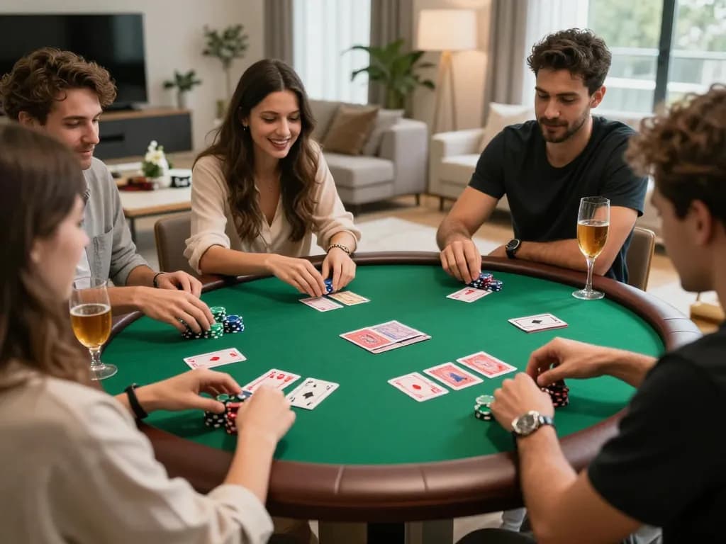 LGO99 players enjoying a friendly poker game in a cozy home setup with cards and chips.