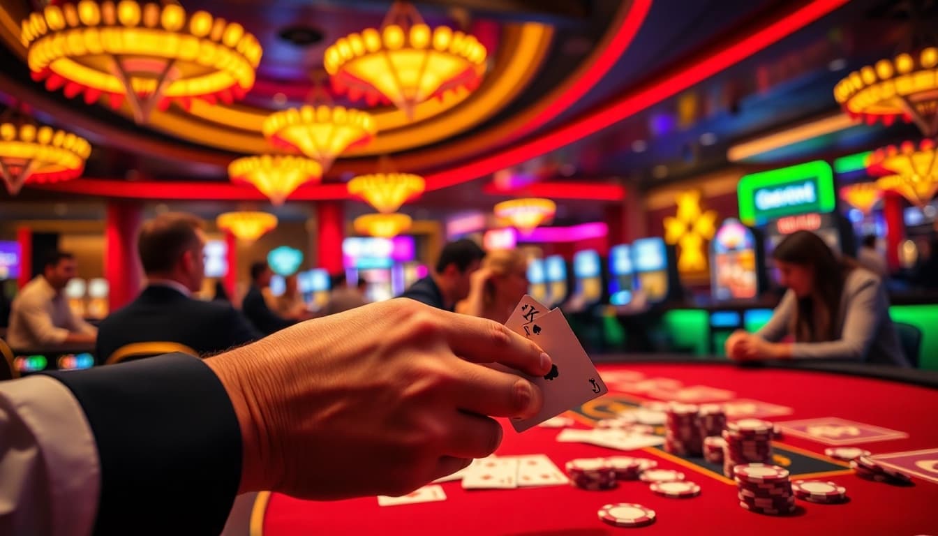 Permainan poker bbtn4d yang mendebarkan di kasino dengan suasana penuh warna.