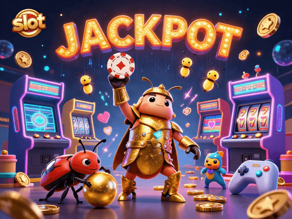 Spin and win with vibrant slot illustrations featuring a victory pose and jackpot signs.