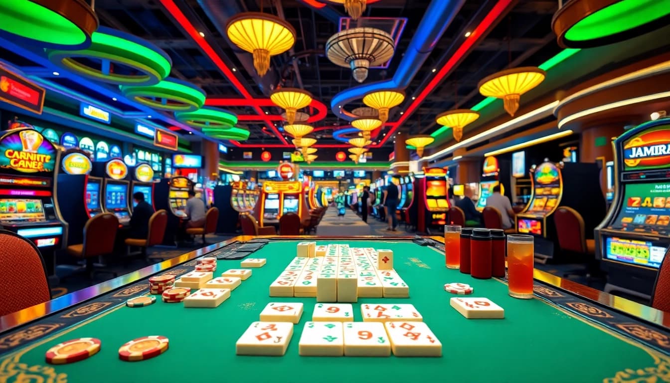 Keasyikan permainan slot mahjong di kasino dengan pencahayaan hidup dan meja menarik, menciptakan suasana seru.
