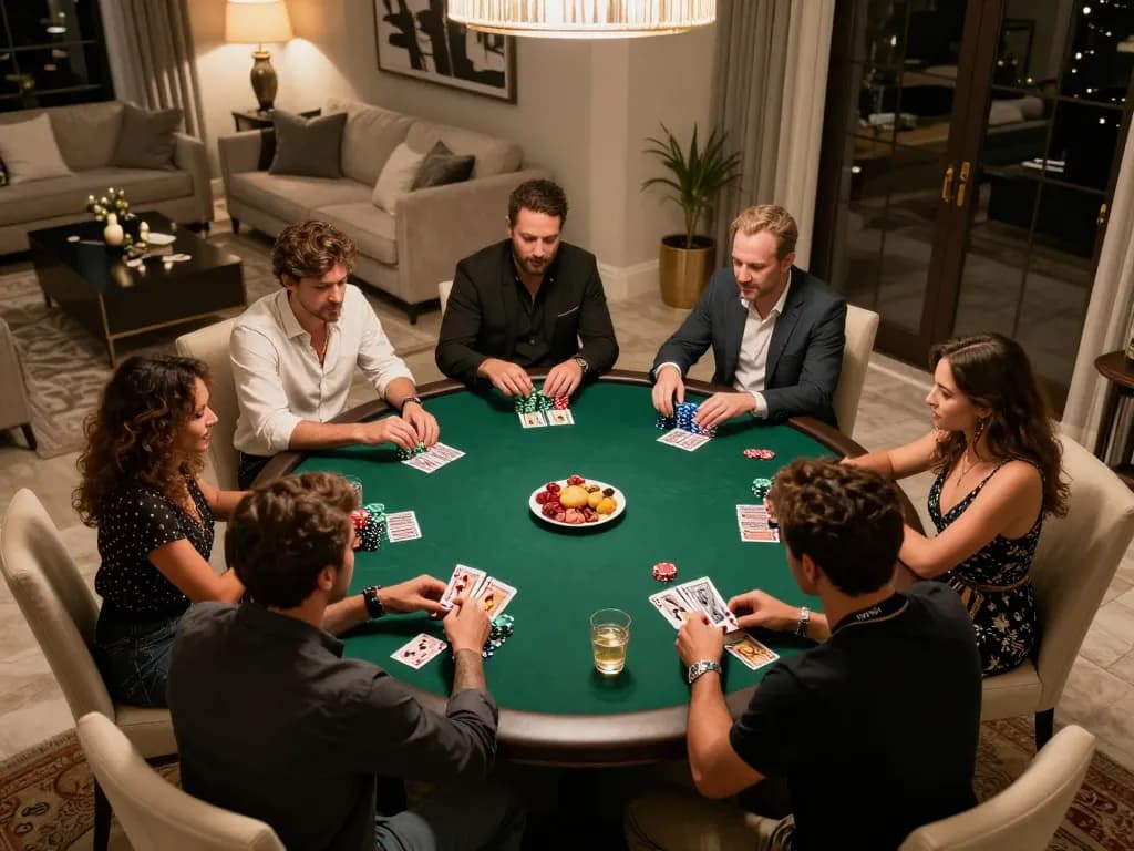 Players enjoying a friendly poker game at home, showcasing the vibrant atmosphere of social gaming with Nhà cái GG88