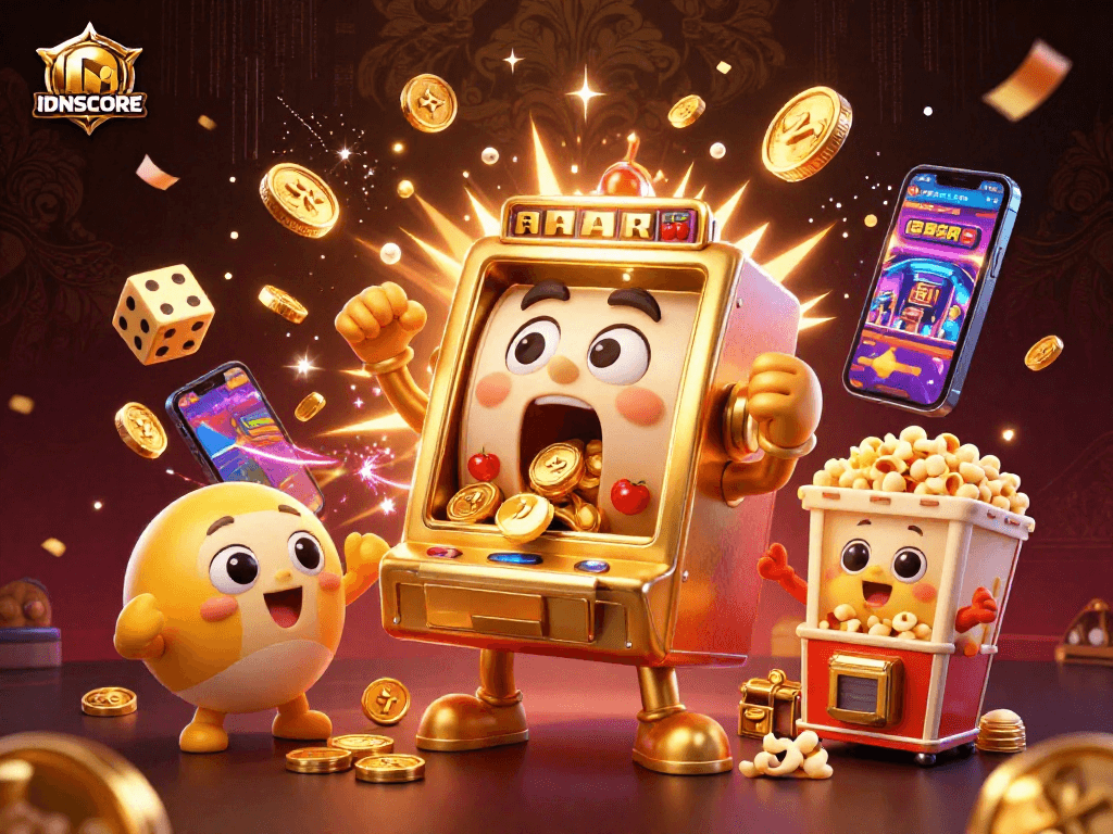 IDNSCORE celebrates jackpots as animated slot machines cheer with golden coins and vibrant symbols.