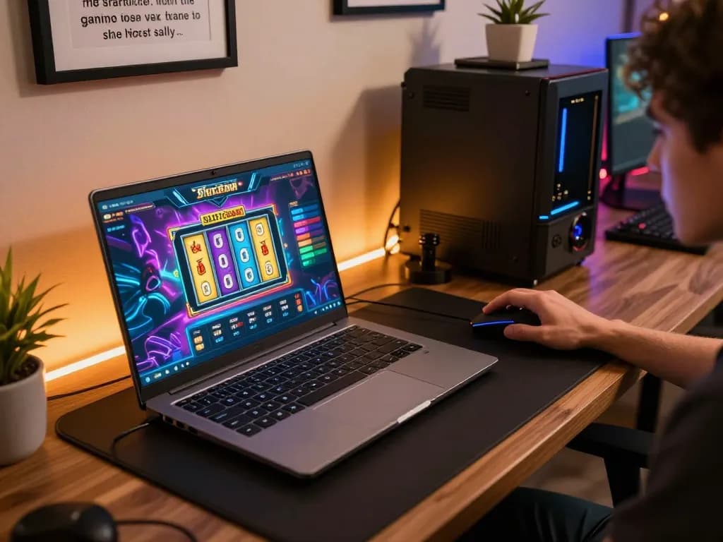 Engaging Slot Gacor gameplay displayed on a sleek laptop in a cozy online gaming environment