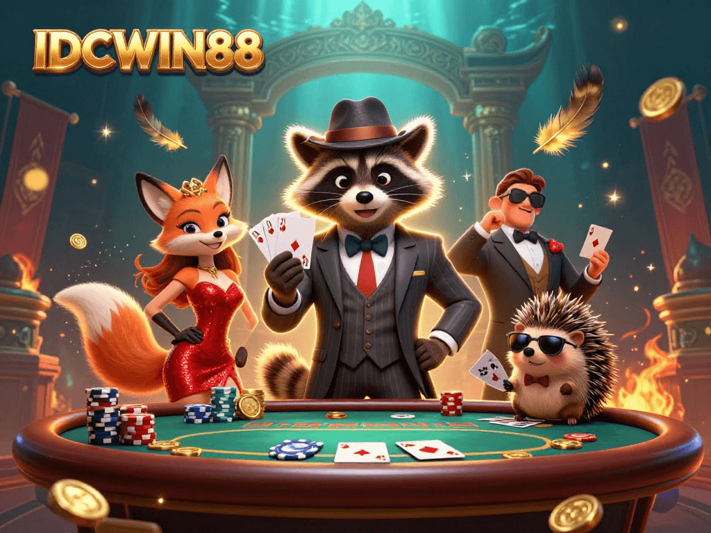 Join the fun at IDCWIN88 with raccoon and fox in a lively poker scene featuring vibrant casino elements.