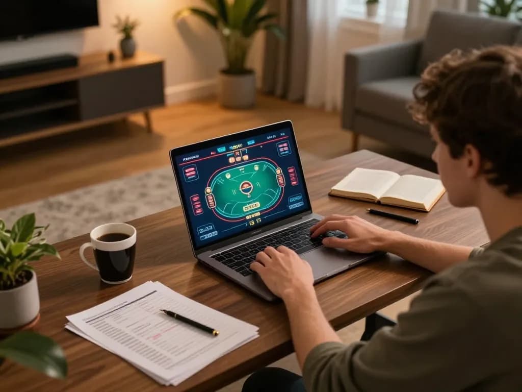 CK444 user enjoying an engaging online poker game at home, highlighting the strategic play and comfortable environment