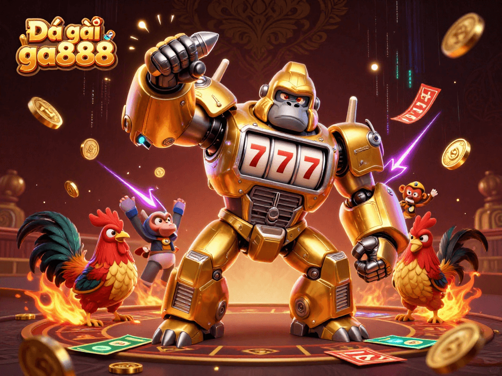 Engage with Đá gà ga888 in an explosive 3D illustration featuring a golden gorilla mech amidst cockfighting elements.