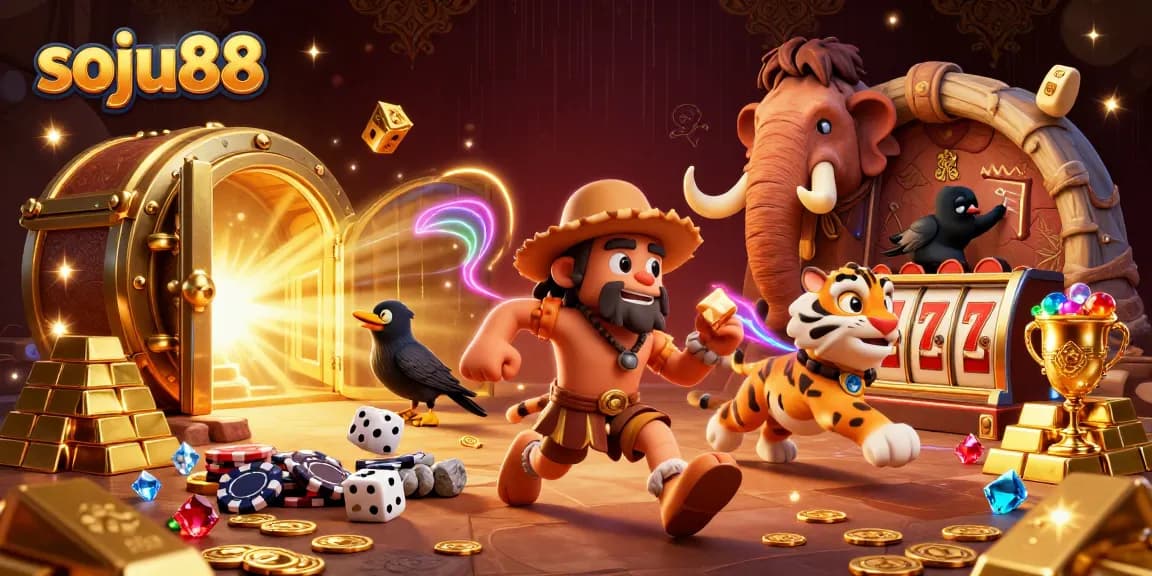 soju88 showcases a dynamic prehistoric casino scene with characters, slot reels, and treasures
