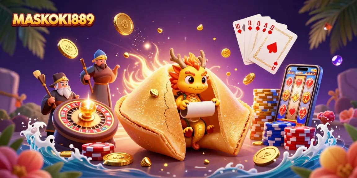 Experience the thrill of MASKOKI889 with vibrant casino elements showcasing a golden fortune cookie and dragon.
