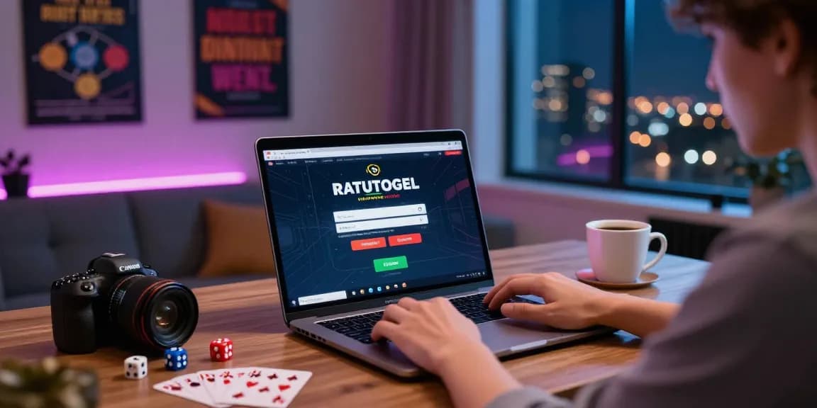 Pengguna melakukan login RATUTOGEL dan aktif bertaruh di situs togel online dengan laptop di ruangan modern.