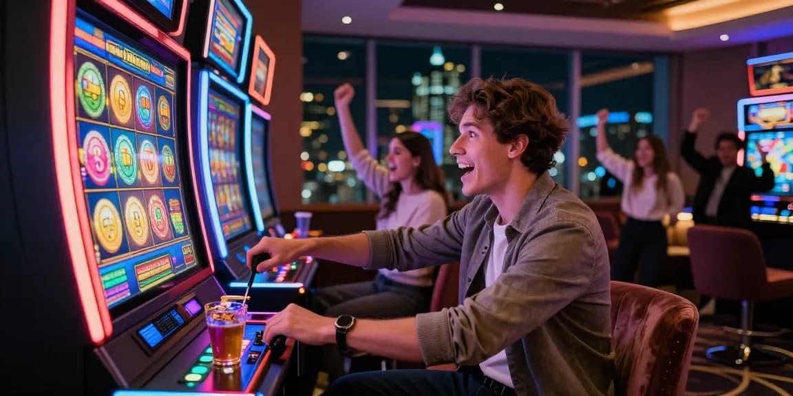 Exciting slot gacor moment at a modern casino with vibrant lights and joyful atmosphere.