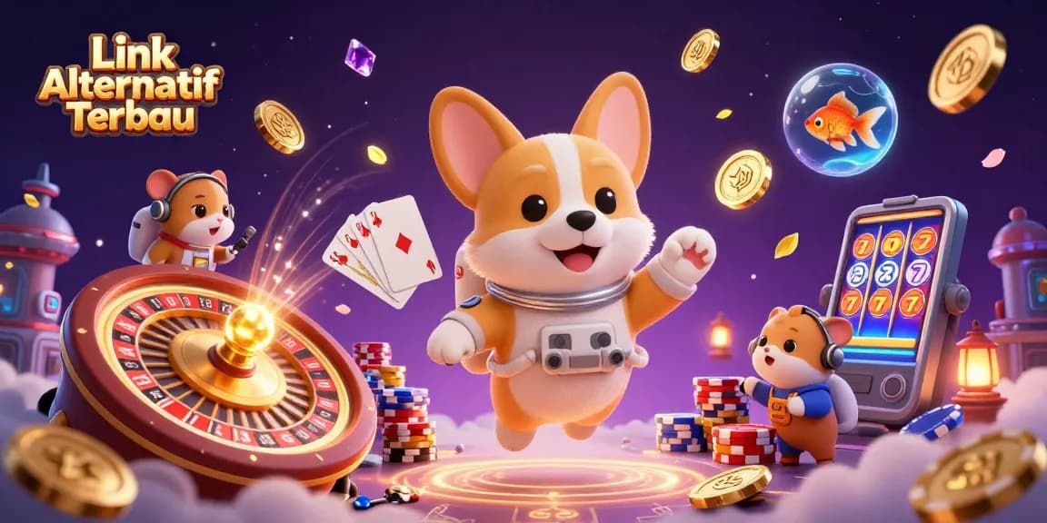 Experience the excitement with Link Alternatif Terbaru, featuring a playful casino scene with vibrant 3D characters.