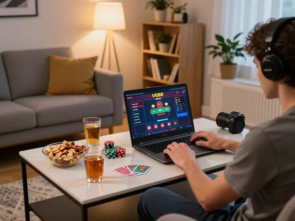 Player engaging with UG88 online casino on laptop in a cozy home gaming setup