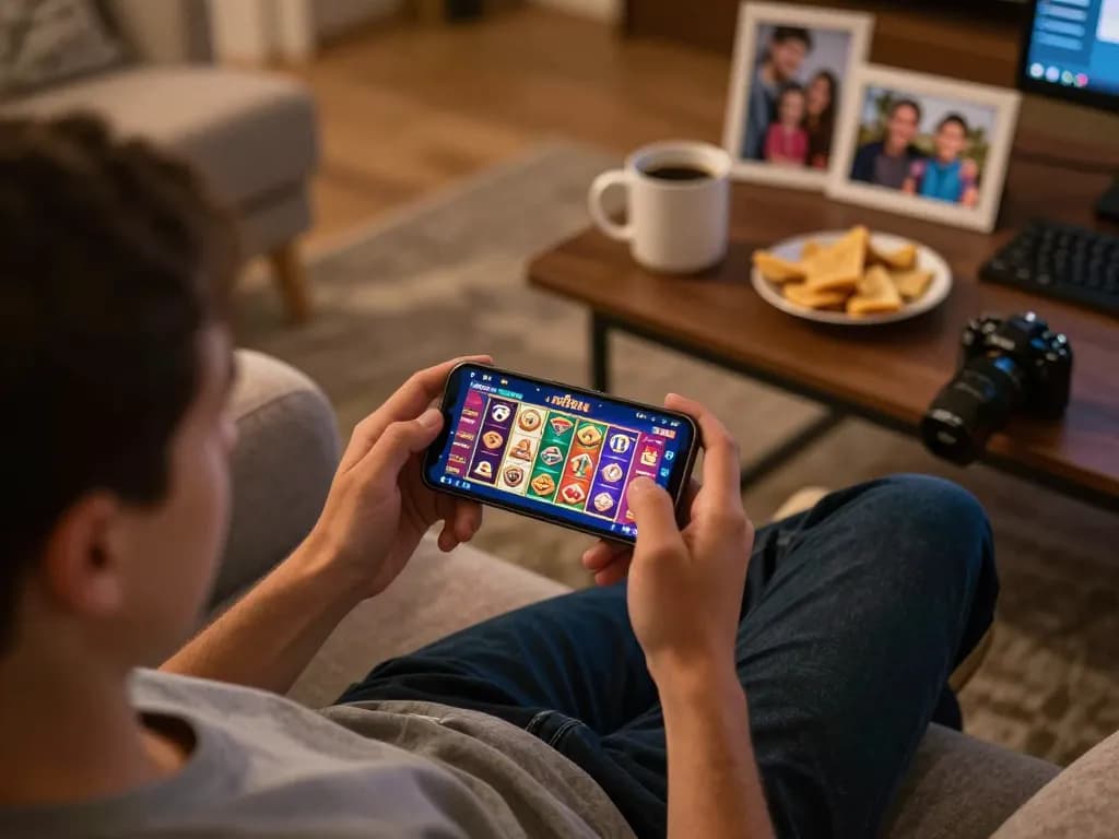 Engaging online gaming experience on fly88 app showcasing vibrant slot options in a cozy home setting