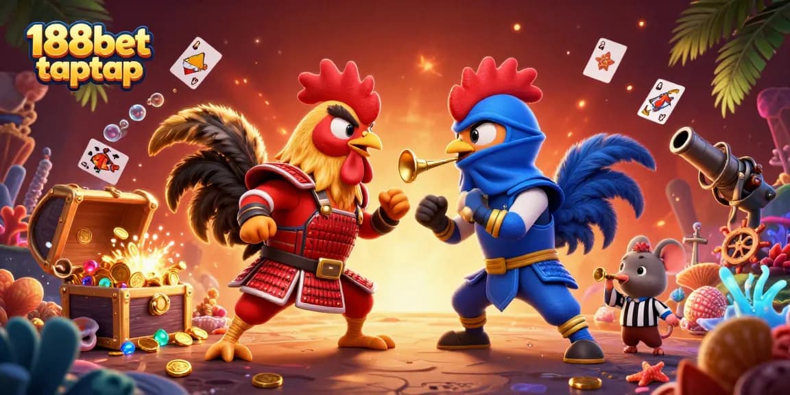 Permainan taruhan seru dengan 188bet taptap, terdiri dari ayam jantan bertarung dengan aksi dramatis di arena.