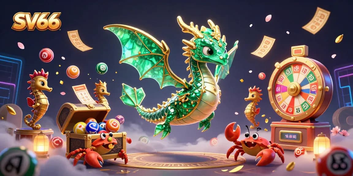 SV66 casino adventure with a leafy sea dragon, treasure chest, and lottery elements amidst vibrant symbols.