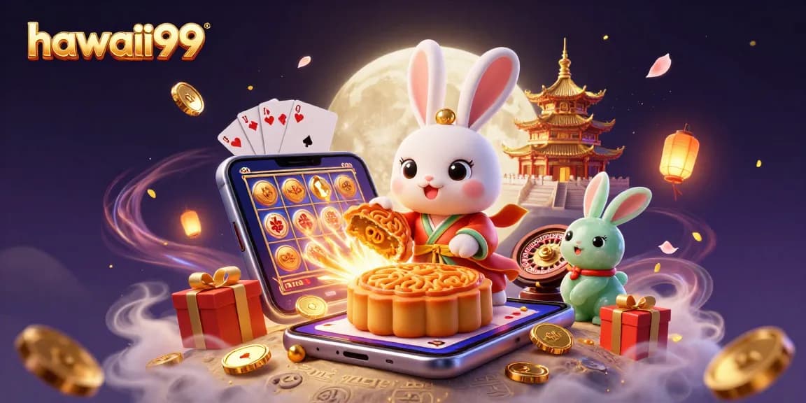 Join the excitement at hawaii99 as the moon rabbit reveals poker chips in a vibrant slot game scene.