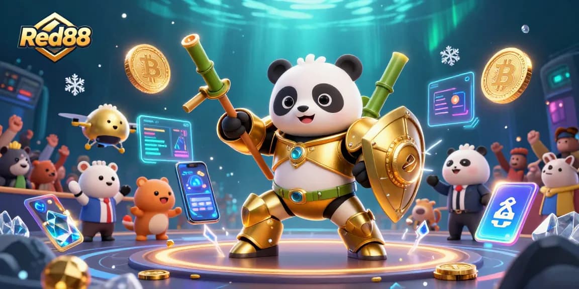 Engage in thrilling Red88 gaming experiences with a golden panda and colorful crypto elements.
