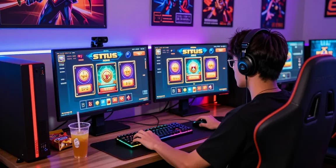 Player exploring situs slot games in an exciting gaming environment with dual monitors and RGB lighting.