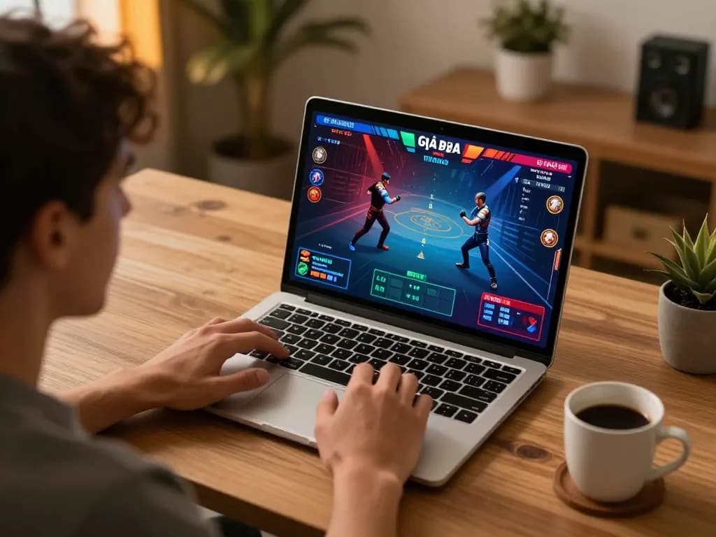 Cá đó đá gà thomo trực tiếp trên laptop trong một văn phòng làm việc ấm cúng.