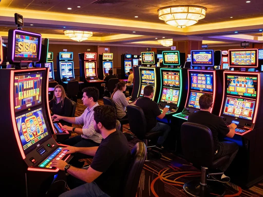 Players enjoying SIS4D slot games with colorful machines and bright lights in an exciting casino environment