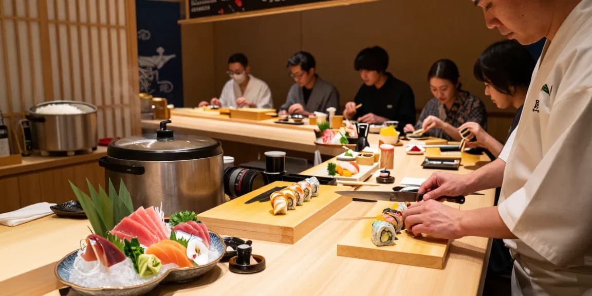Proses pembuatan sniperslot sushi di restoran modern dengan chef ahli.