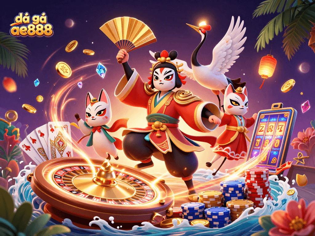 Engage in exciting đá gà ae888 action with a dynamic 3D illustration depicting cultural elements.
