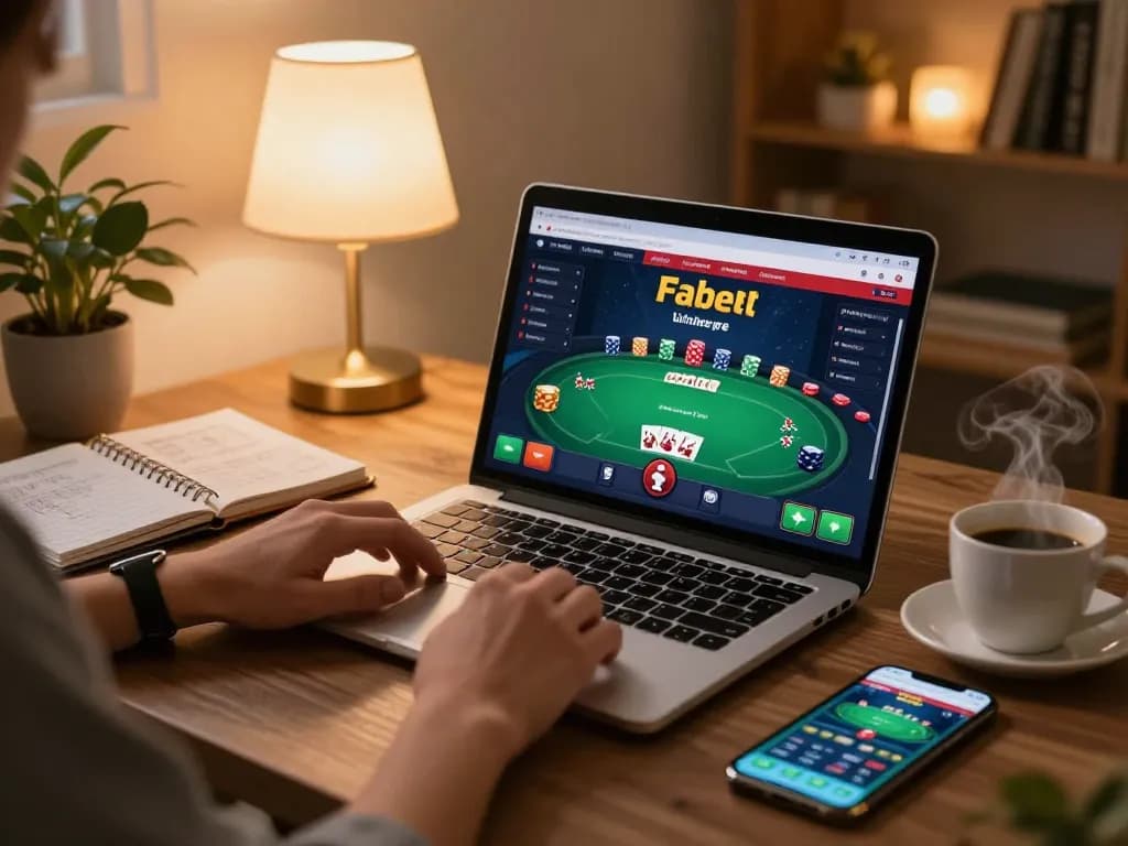 Engaged player strategizes with fabet app on tablet amid cozy home atmosphere.