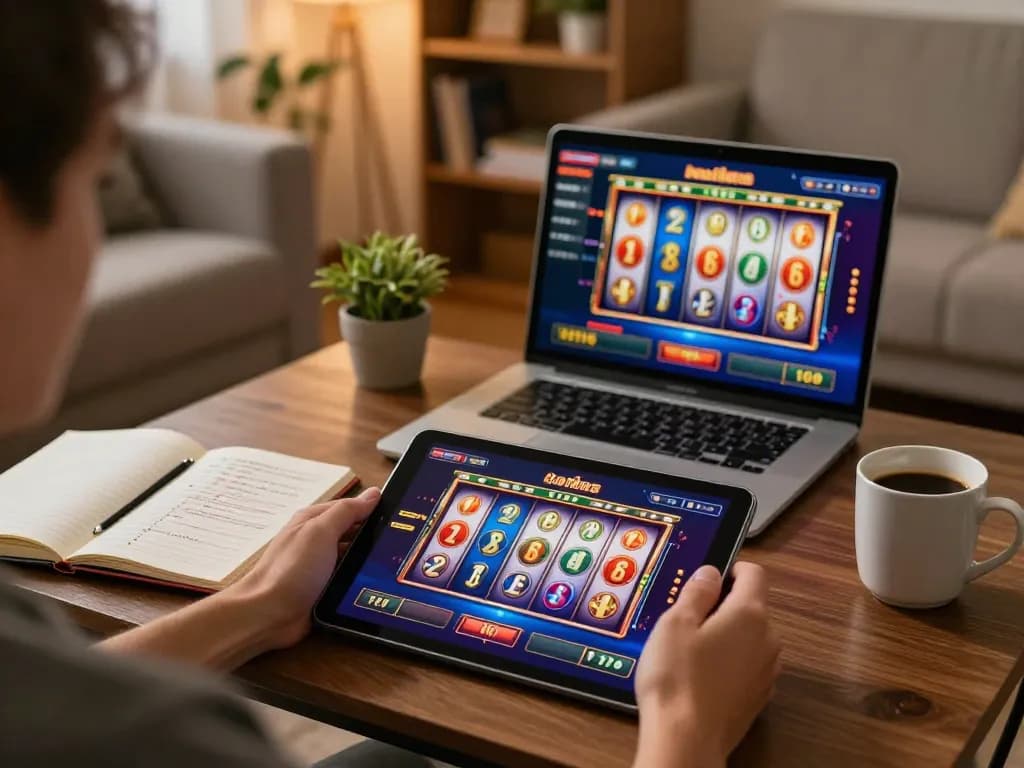 Enjoy playing slot games on a tablet in a comfortable home setting with a warm atmosphere