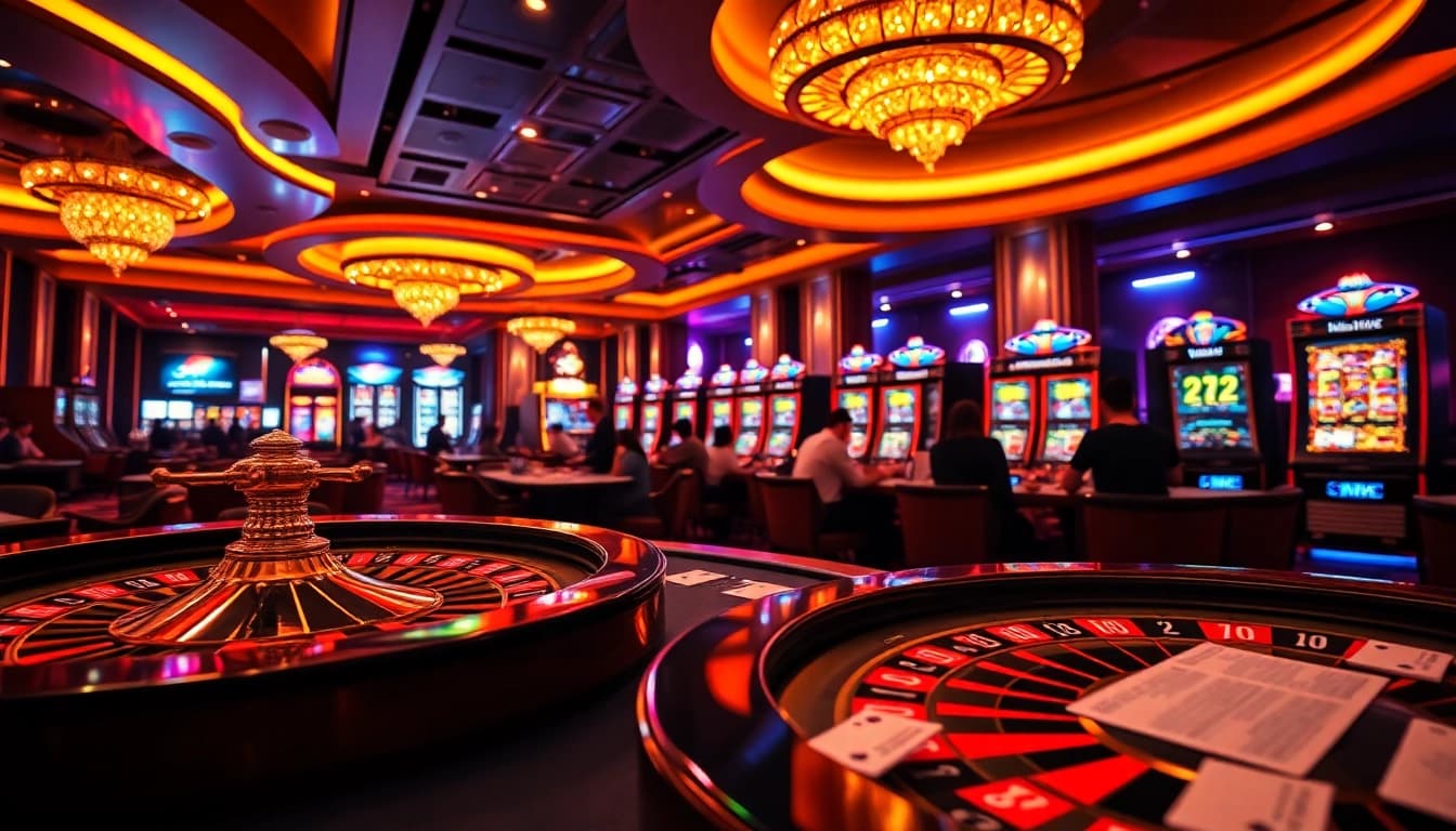 Situs gacor menampilkan lingkungan kasino yang menarik dengan roda roulette dan meja poker.