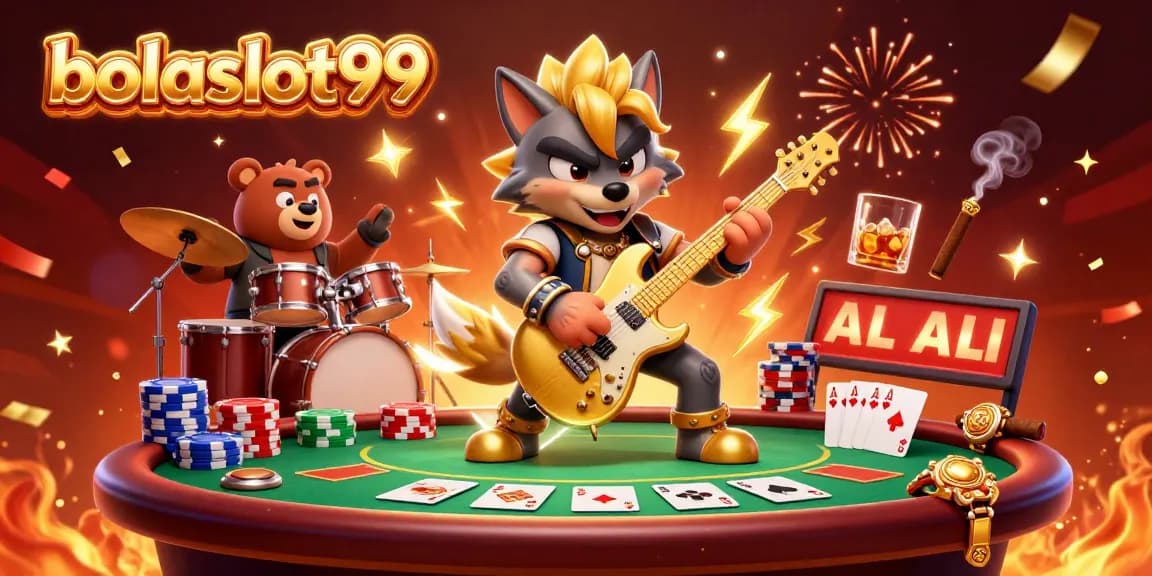 Experience the thrilling action at bolaslot99 with an energetic casino illustration featuring vibrant characters and game elements.