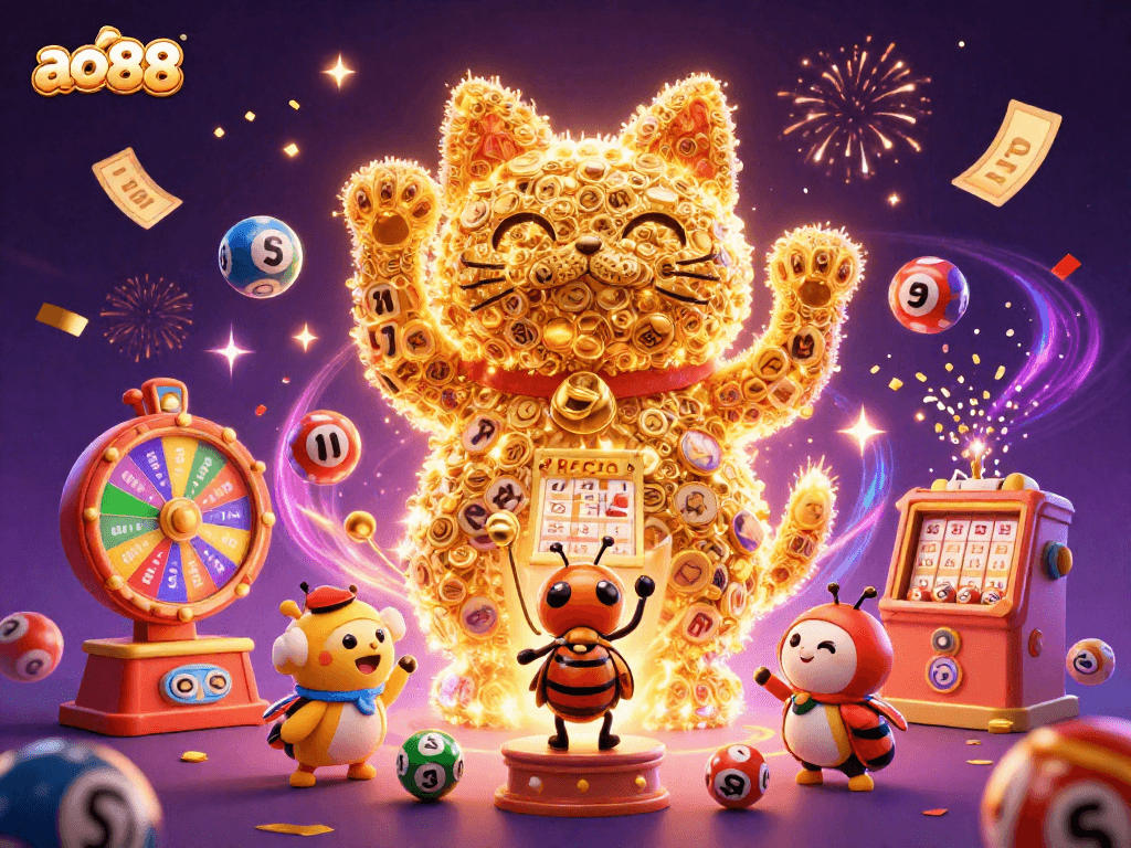 Experience the thrill of ao88 as golden fireflies form a lucky cat amidst vibrant casino symbols.