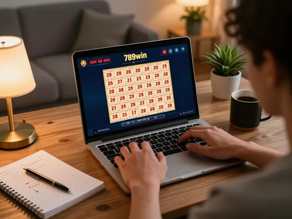 xổ số 789win lottery gaming session on a laptop showcasing ticket interface with notes in cozy ambiance