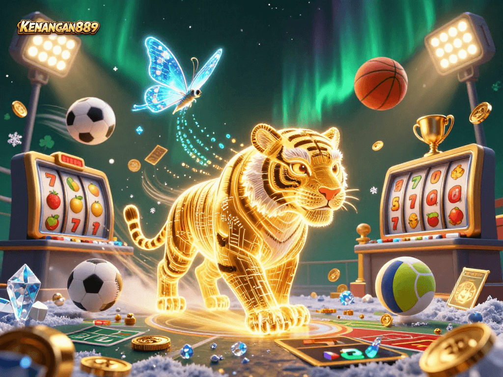 Experience the excitement of KENANGAN889 with dynamic 3D casino elements in a vibrant illustration.