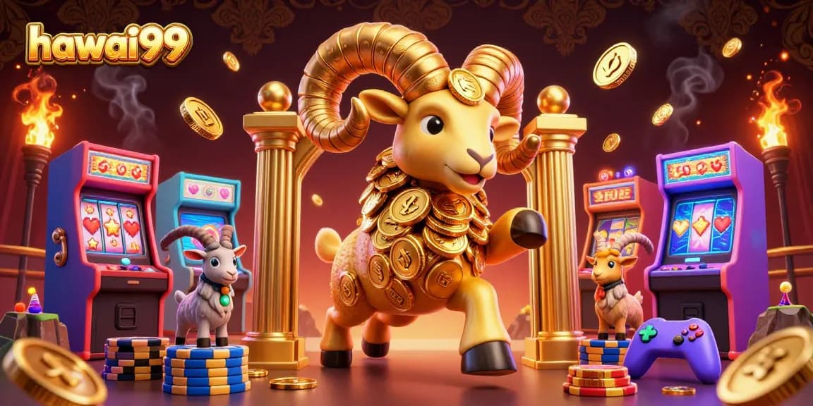 Join the thrilling action at hawai99 with golden ram charging through slots and arcade gaming elements.