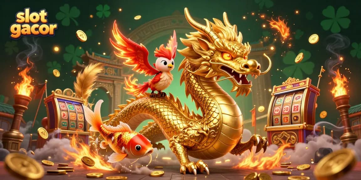 Experience the thrill of slot gacor with a golden dragon, phoenix, and koi fish amidst a shower of coins.