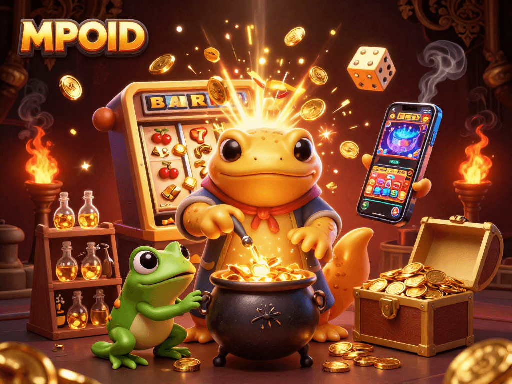 MPOID showcases a vibrant scene of slot machines, gold coins, and magical alchemy, inviting players to win.