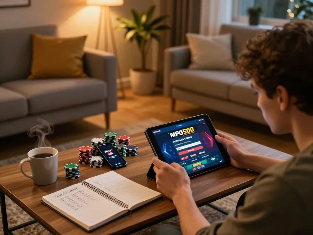 Player engaged with mpo500 casino app on tablet in a cozy living room setup.