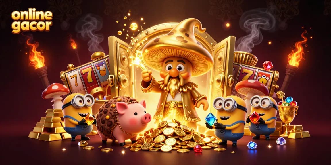 Experience the thrill of online gacor slots with a golden wizard and treasure-filled elements.