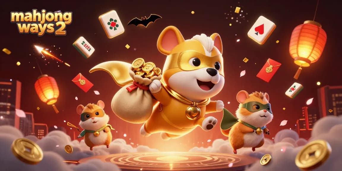 Engage with mahjong ways 2 through this vibrant 3D illustration depicting a superhero dog and hamster amid casino themes.