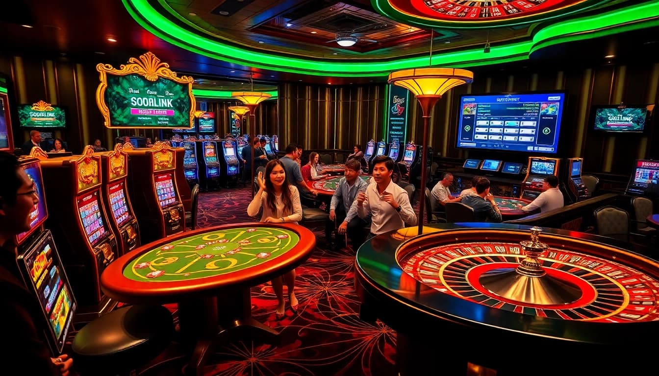 Experience sbobet link login excitement with vibrant casino visuals of poker tables and slot machines.