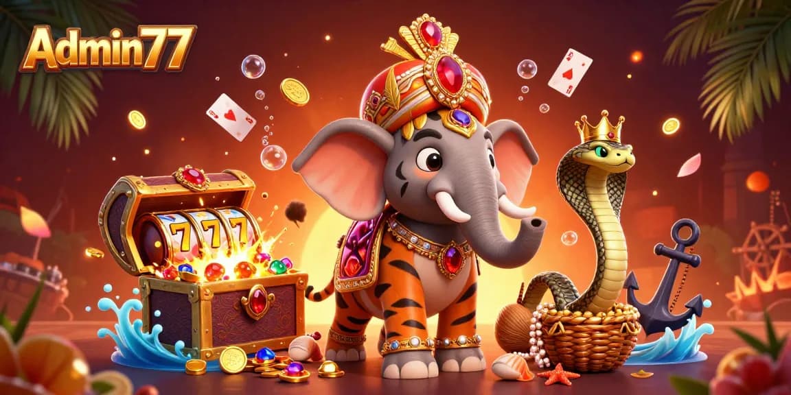 Experience thrills with Admin77's dynamic casino world featuring vibrant characters and slot machines.