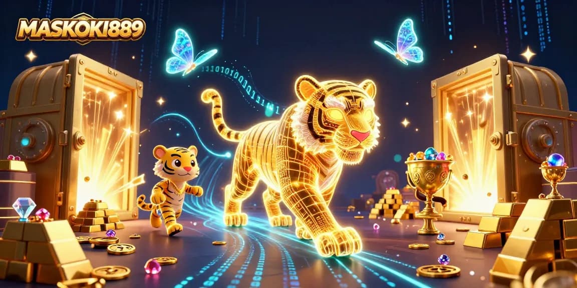 Experience the dynamic thrills of MASKOKI889 with golden tiger energy and treasure in an engaging casino setting.