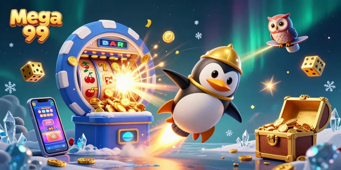 Win exciting jackpots at mega 99 with a vibrant 3D casino-themed illustration of a penguin blasting through space.