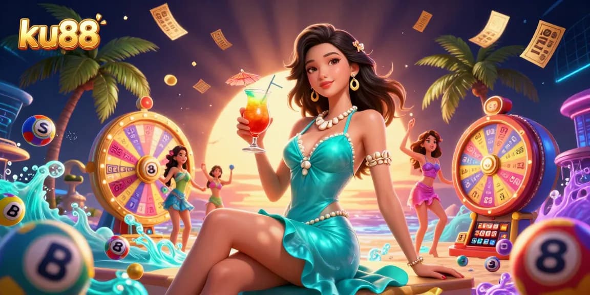 Win exciting jackpots at ku88 with a vibrant tropical casino atmosphere featuring lively game elements.