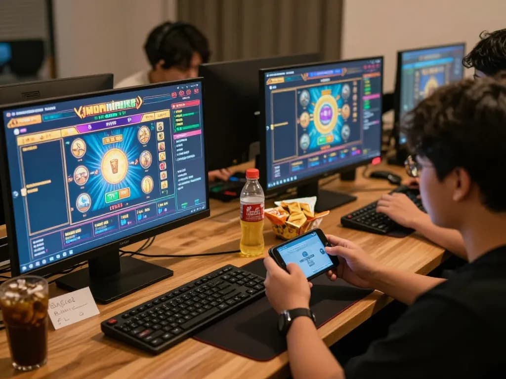 Players engaging with slot gacor games on multiple screens, showcasing an exciting online gambling atmosphere.