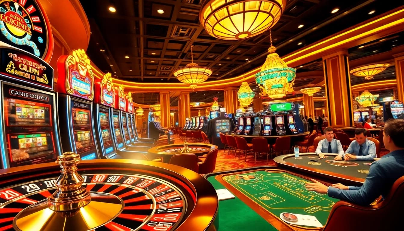 Players winning big on situs slot gacor slot machines in a luxurious casino setting.