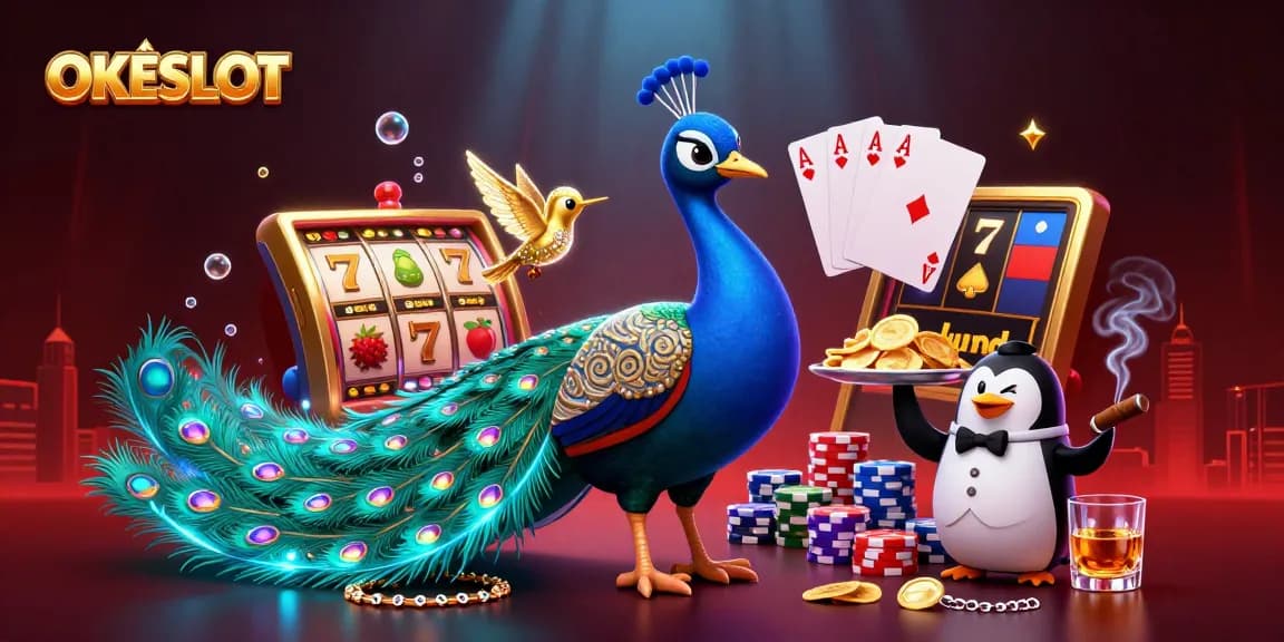 Menangkan jackpot dengan OKESLOT, ilustrasi 3D merak aristokrat dan penguin santai di kasino.