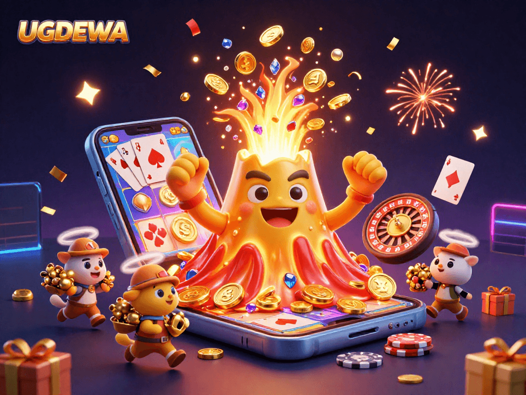 UGDEWA-themed 3D illustration showing a volcano erupting coins, gems, and animals in a vibrant casino scene.
