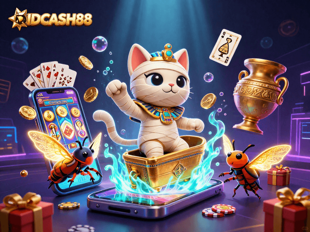 Spin to win with IDCASH88 in this vibrant casino scene filled with exciting gaming elements.