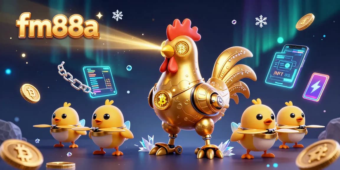 Engage in exciting betting with fm88a's vibrant digital casino scene featuring a golden rooster robot and dynamic gaming elements.